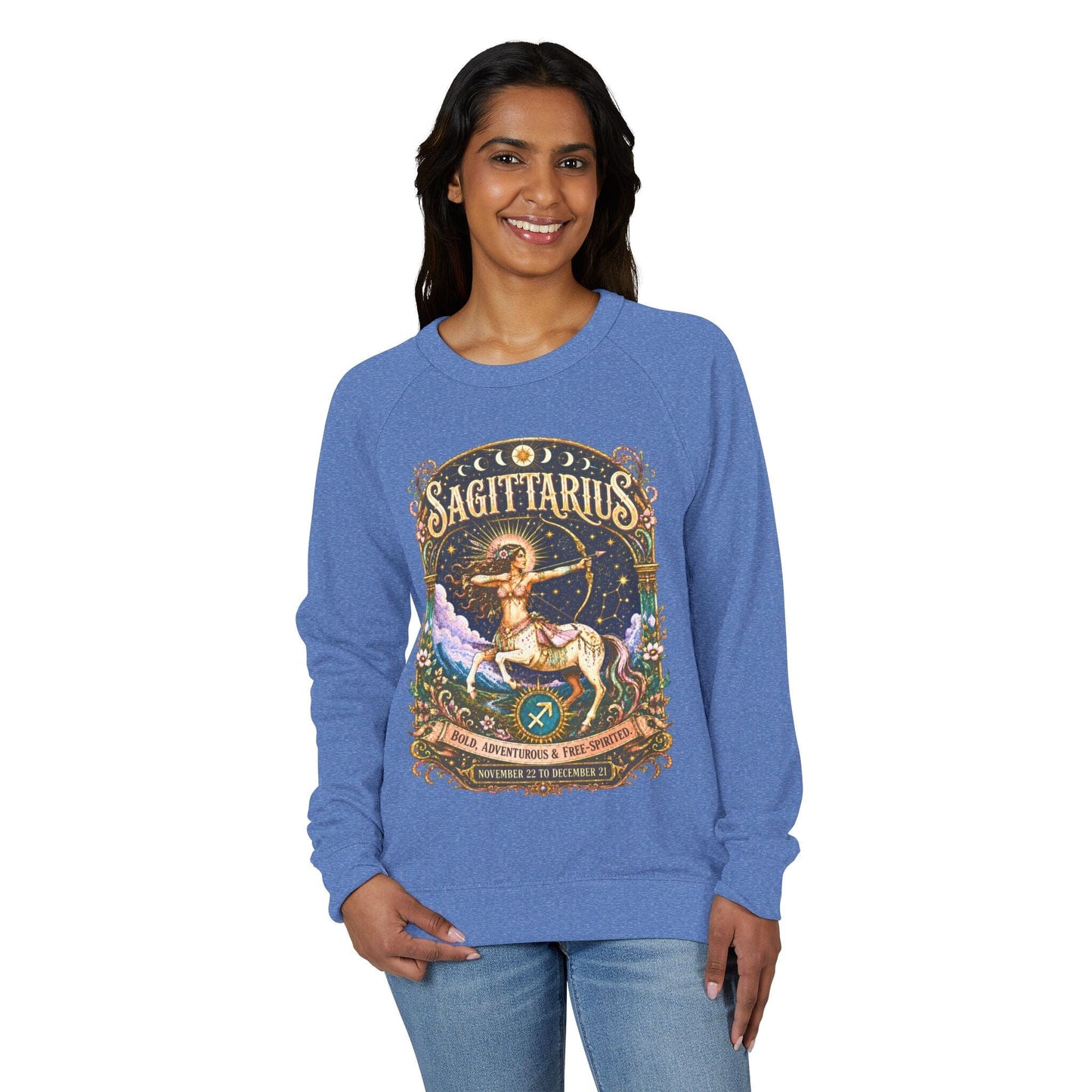 Sagittarius Zodiac Raglan Sweatshirt – Ethereal Archer Artwork