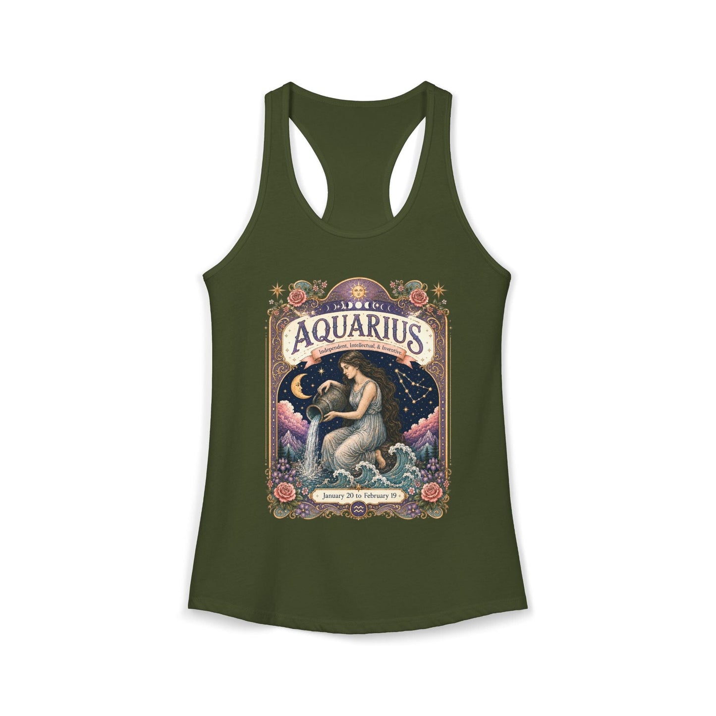 Aquarius Zodiac Women's Racerback Tank – Ornate Water Bearer Artwork