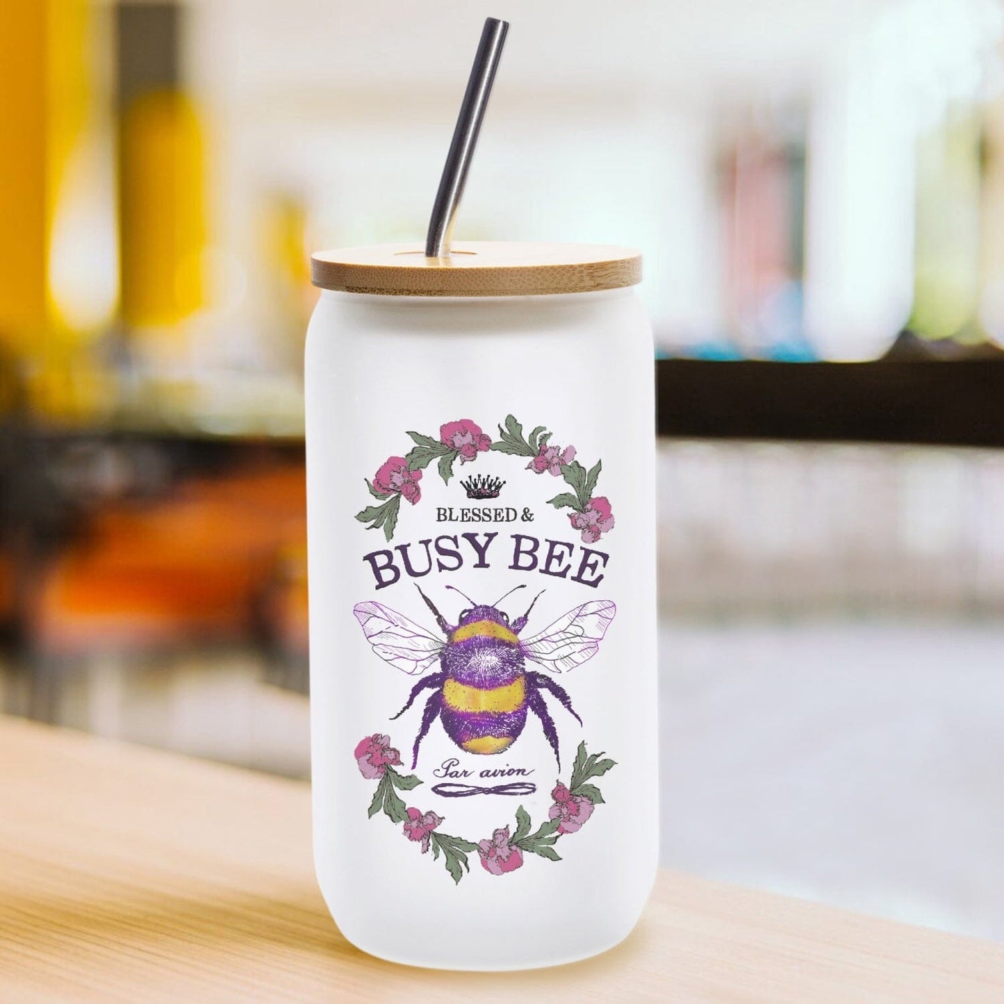 Blessed & Busy Bee Frosted Glass Cups