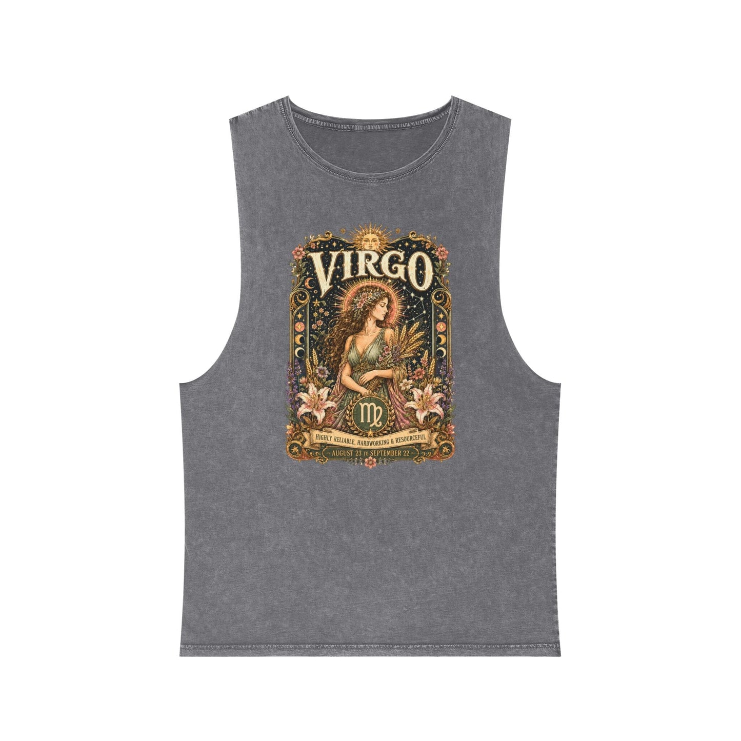 Virgo Zodiac Stonewash Tank Top – Cosmic Maiden Artwork
