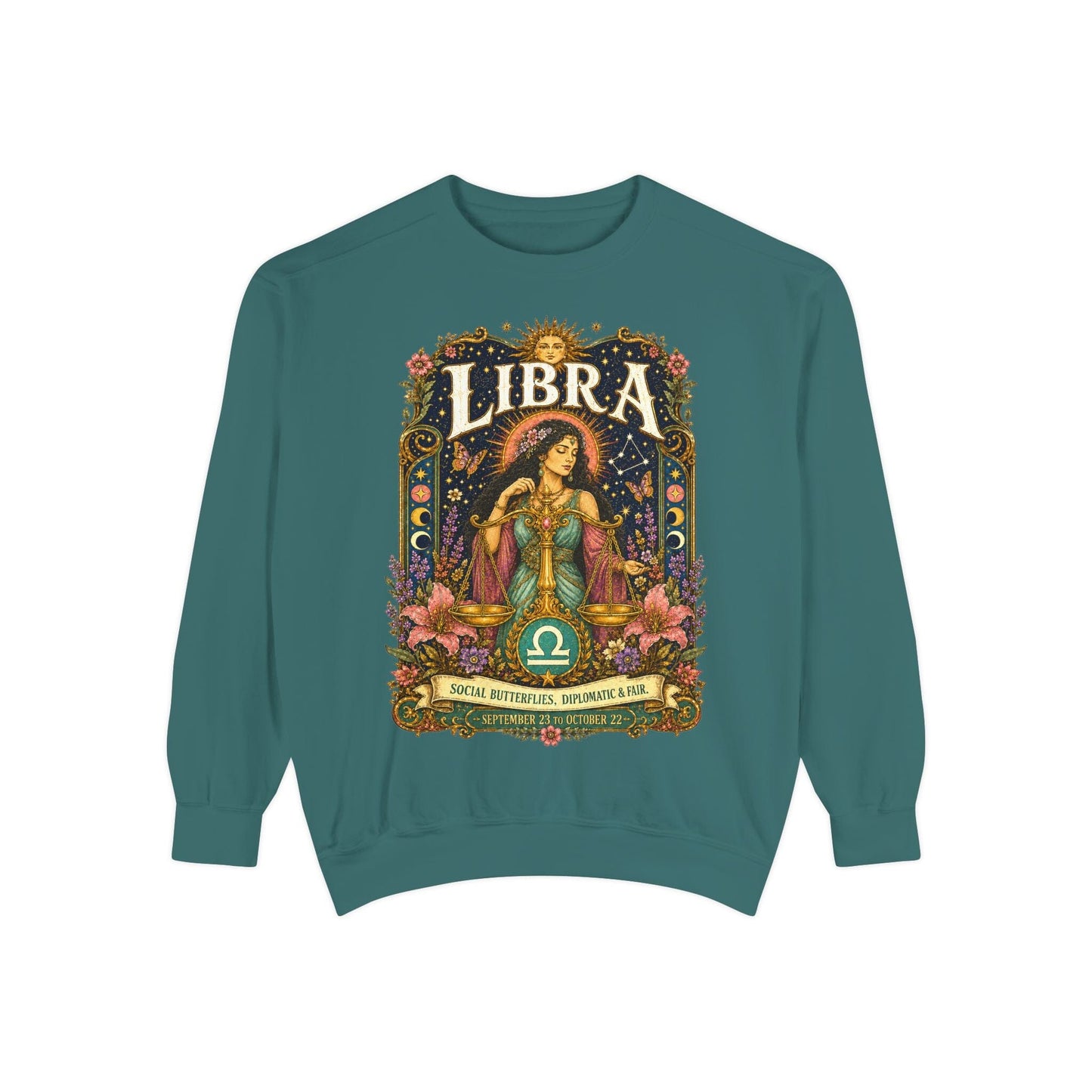 Libra Zodiac Garment-Dyed Sweatshirt – Mystic Scales Artwork