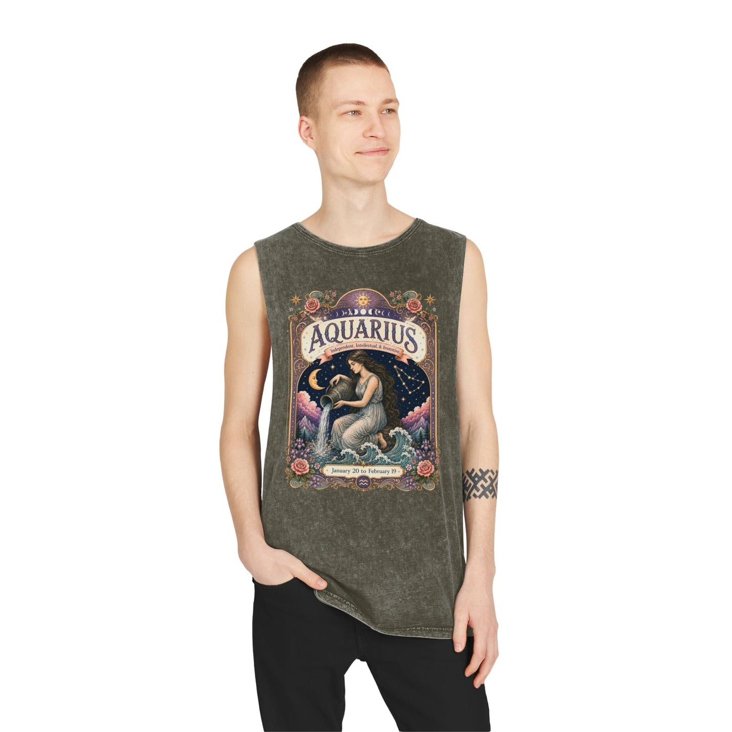 Aquarius Zodiac Stonewash Tank Top – Cosmic Water Bearer Artwork