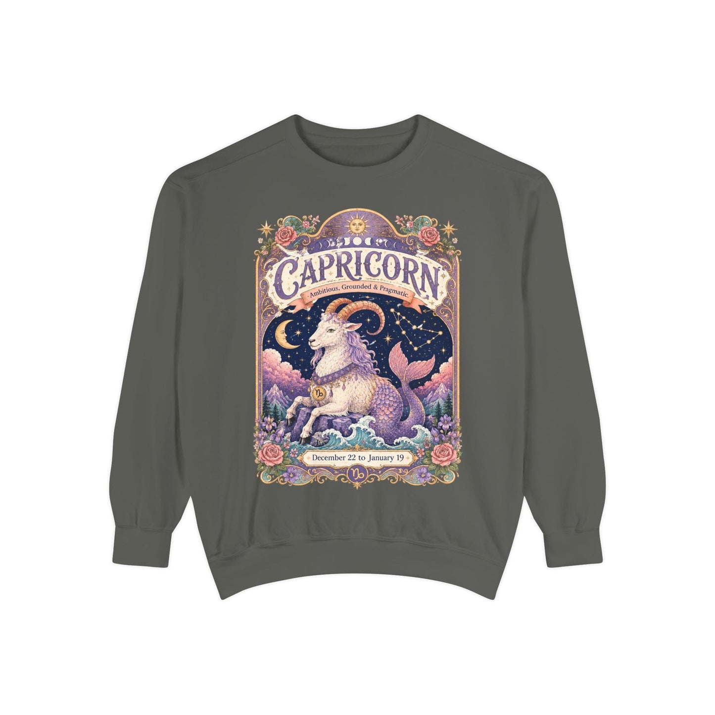 Capricorn Zodiac Garment-Dyed Sweatshirt – Mystic Sea Goat Artwork