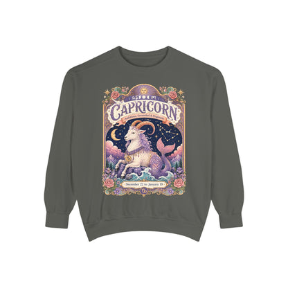 Capricorn Zodiac Garment-Dyed Sweatshirt – Mystic Sea Goat Artwork
