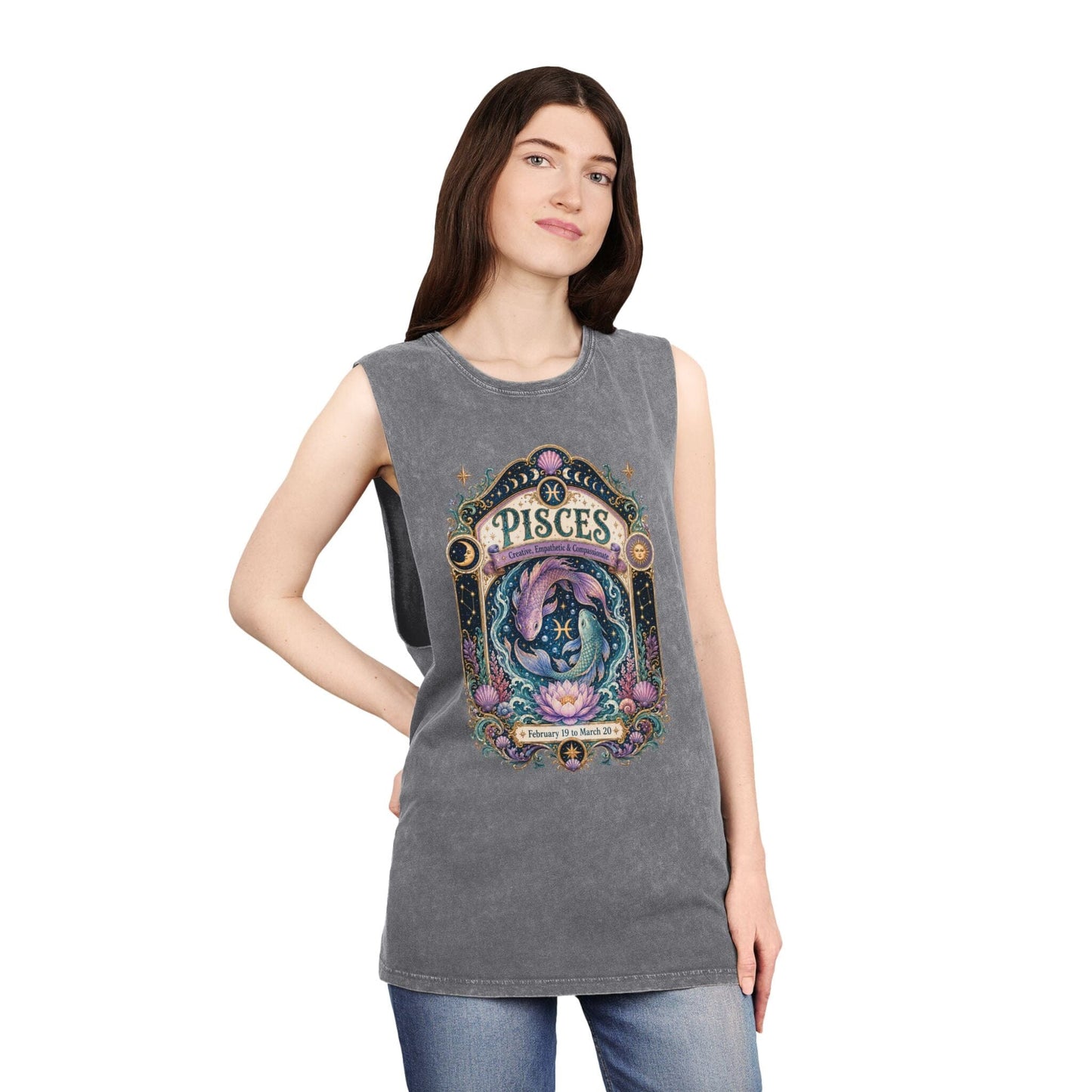 Pisces Zodiac Stonewash Tank Top – Cosmic Fish Artwork