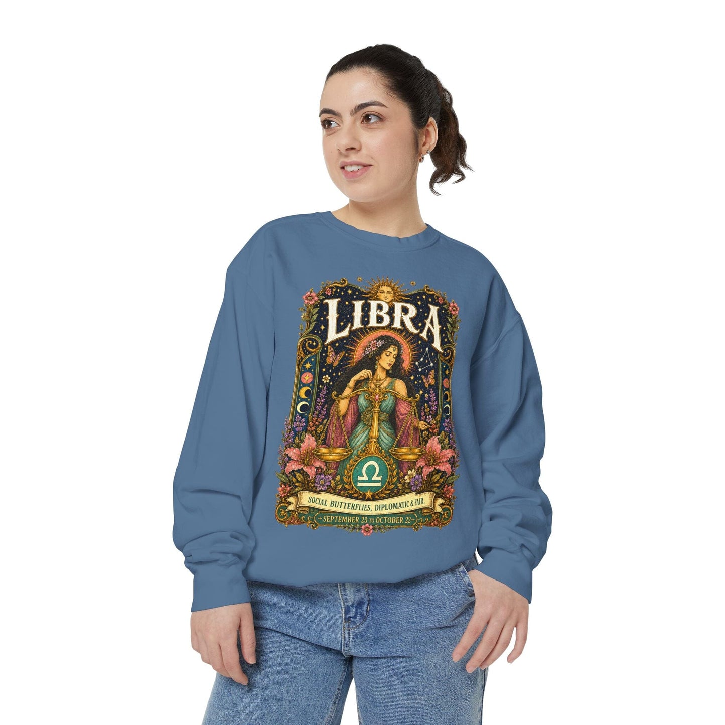 Libra Zodiac Garment-Dyed Sweatshirt – Mystic Scales Artwork