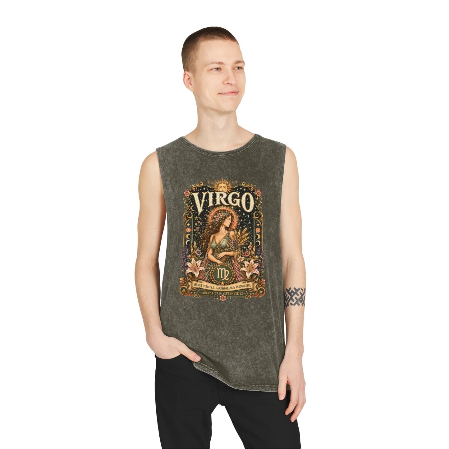 Virgo Zodiac Stonewash Tank Top – Cosmic Maiden Artwork