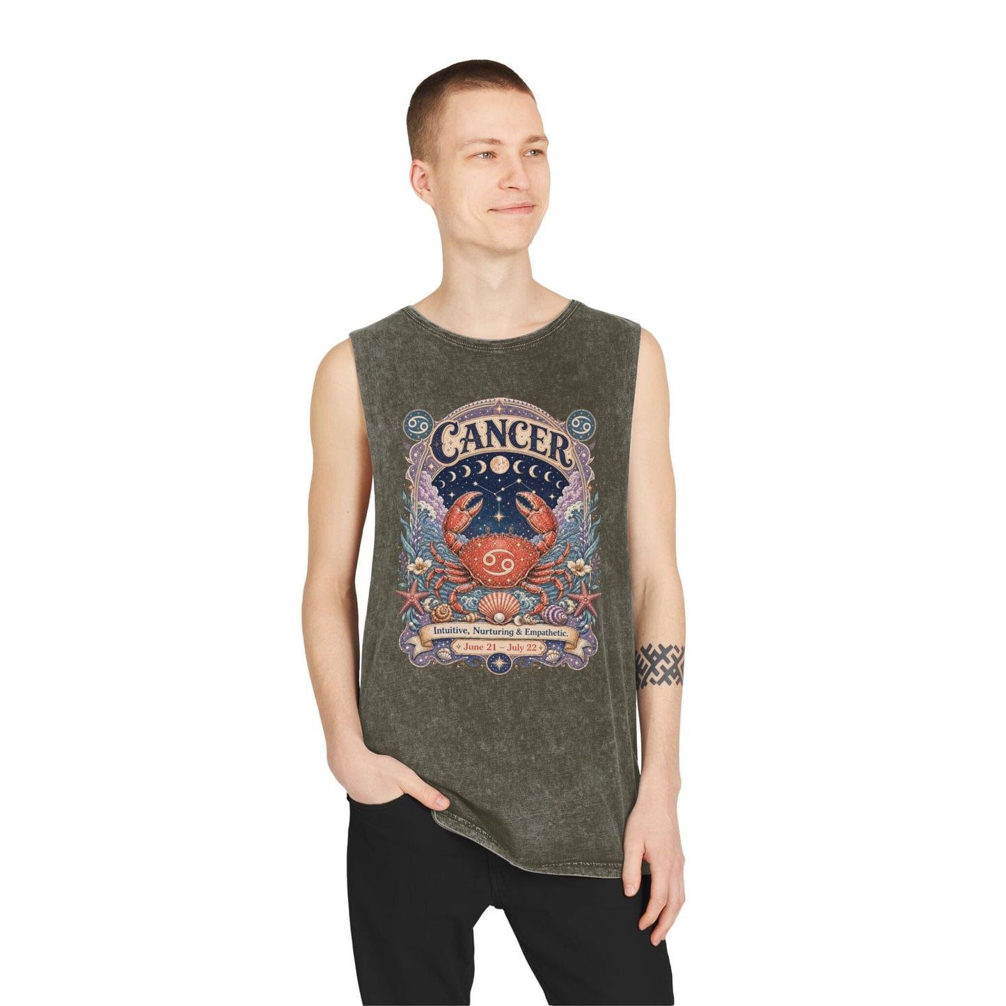 Cancer Zodiac Stonewash Tank Top – Cosmic Crab Artwork