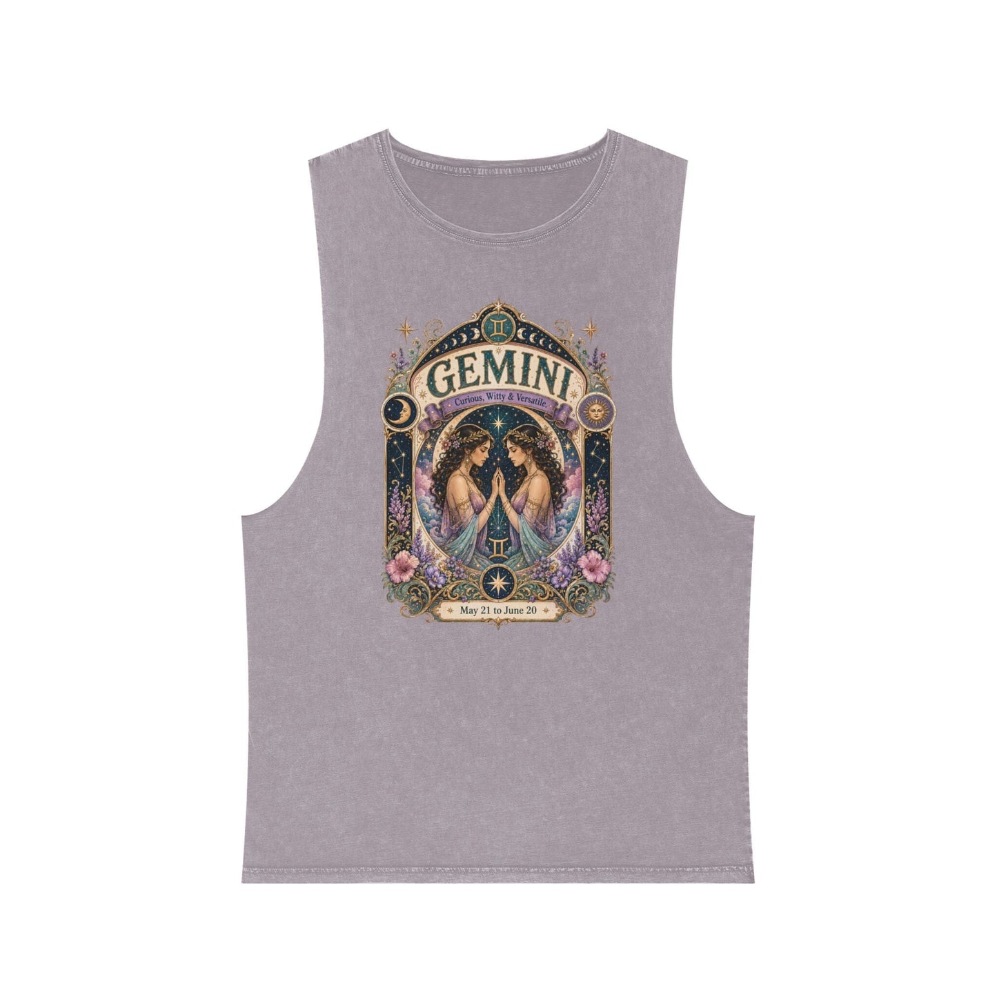 Gemini Zodiac Stonewash Tank Top – Cosmic Twins Artwork