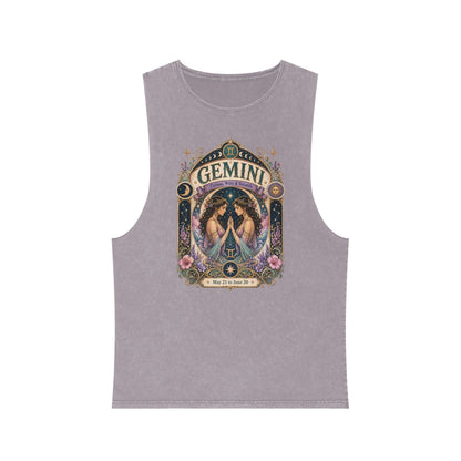 Gemini Zodiac Stonewash Tank Top – Cosmic Twins Artwork