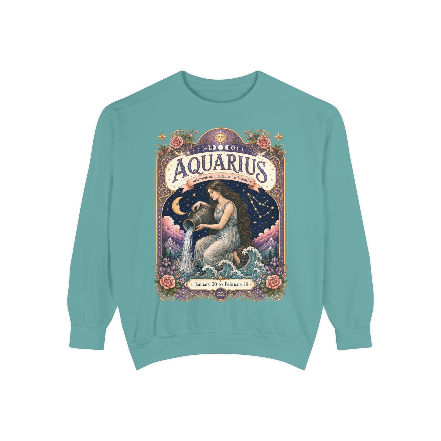 Aquarius Zodiac Garment-Dyed Sweatshirt – Mystic Water Bearer Artwork