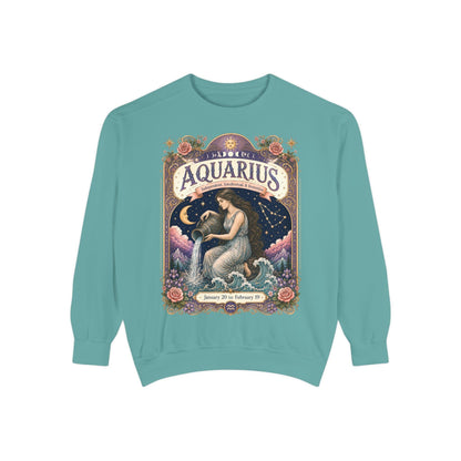 Aquarius Zodiac Garment-Dyed Sweatshirt – Mystic Water Bearer Artwork