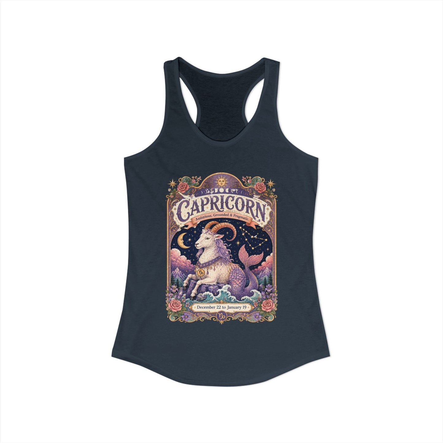 Capricorn Zodiac Women's Racerback Tank – Ornate Sea Goat Artwork