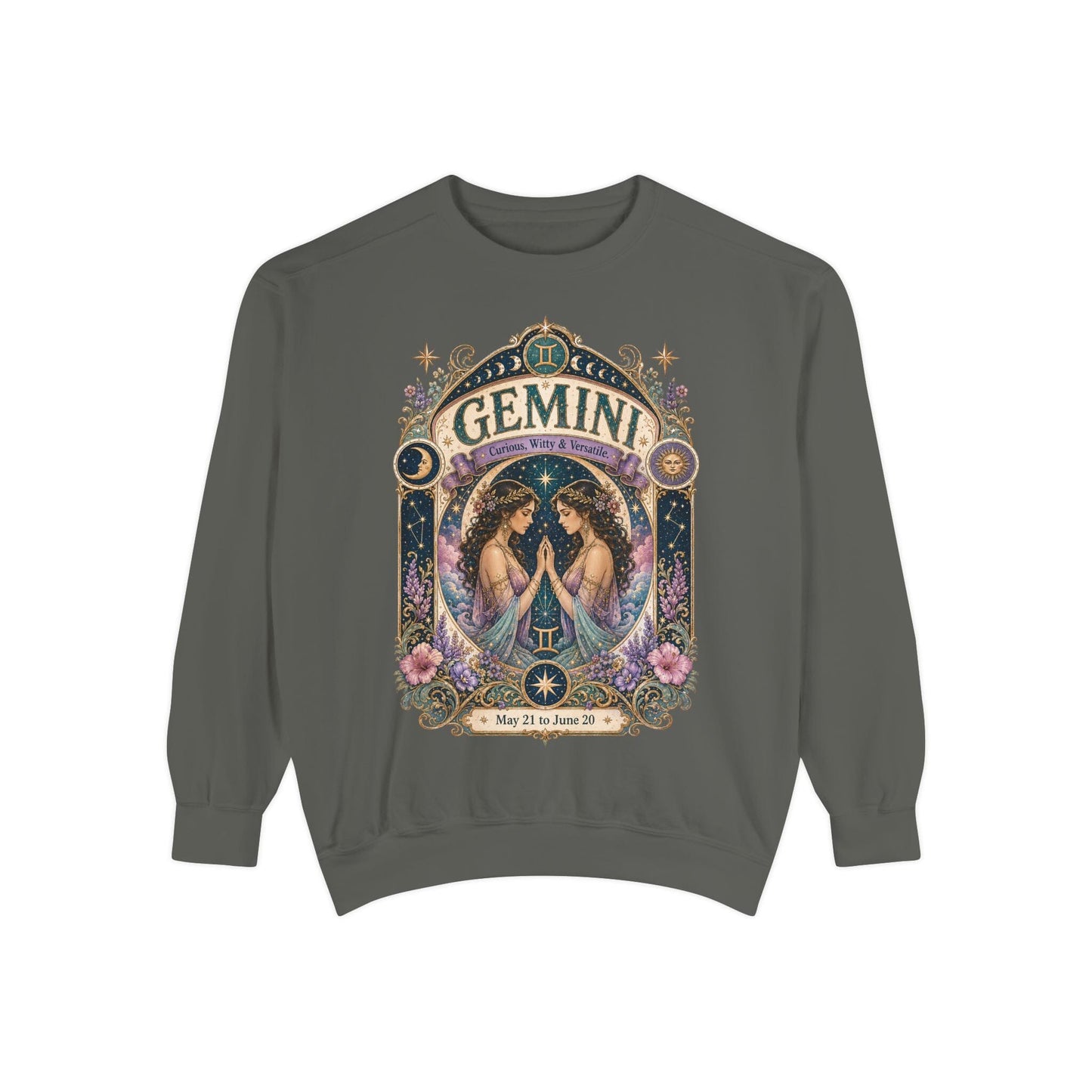 Gemini Zodiac Garment-Dyed Sweatshirt – Mystic Twins Artwork