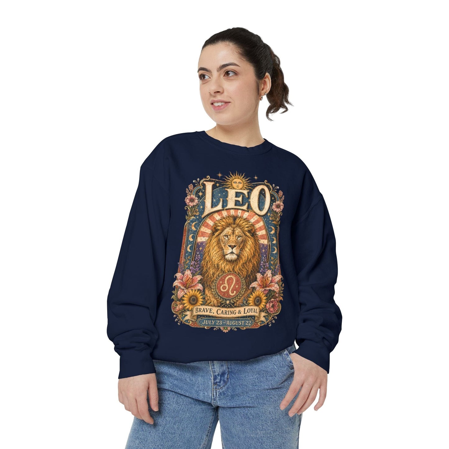 Leo Zodiac Garment-Dyed Sweatshirt – Mystic Lion Artwork