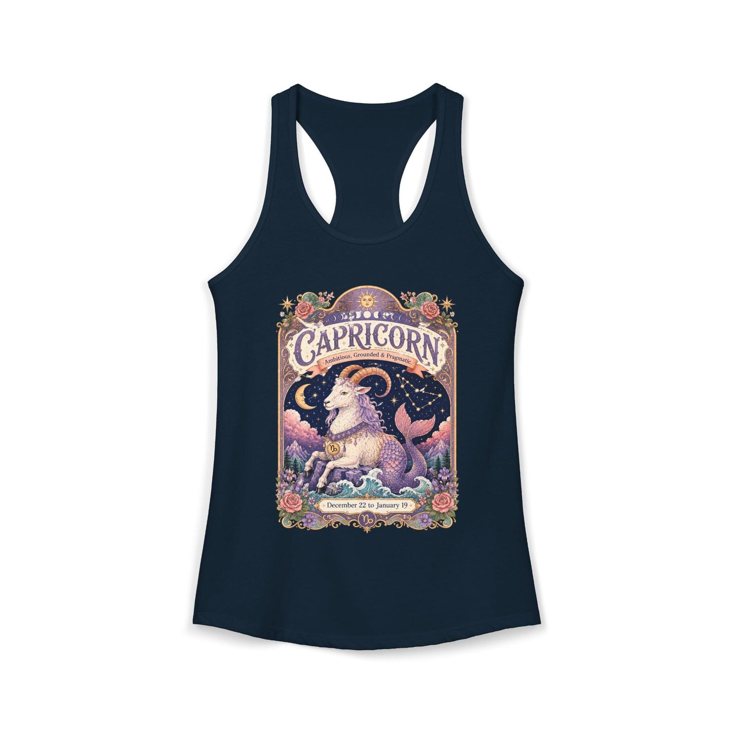 Capricorn Zodiac Women's Racerback Tank – Ornate Sea Goat Artwork