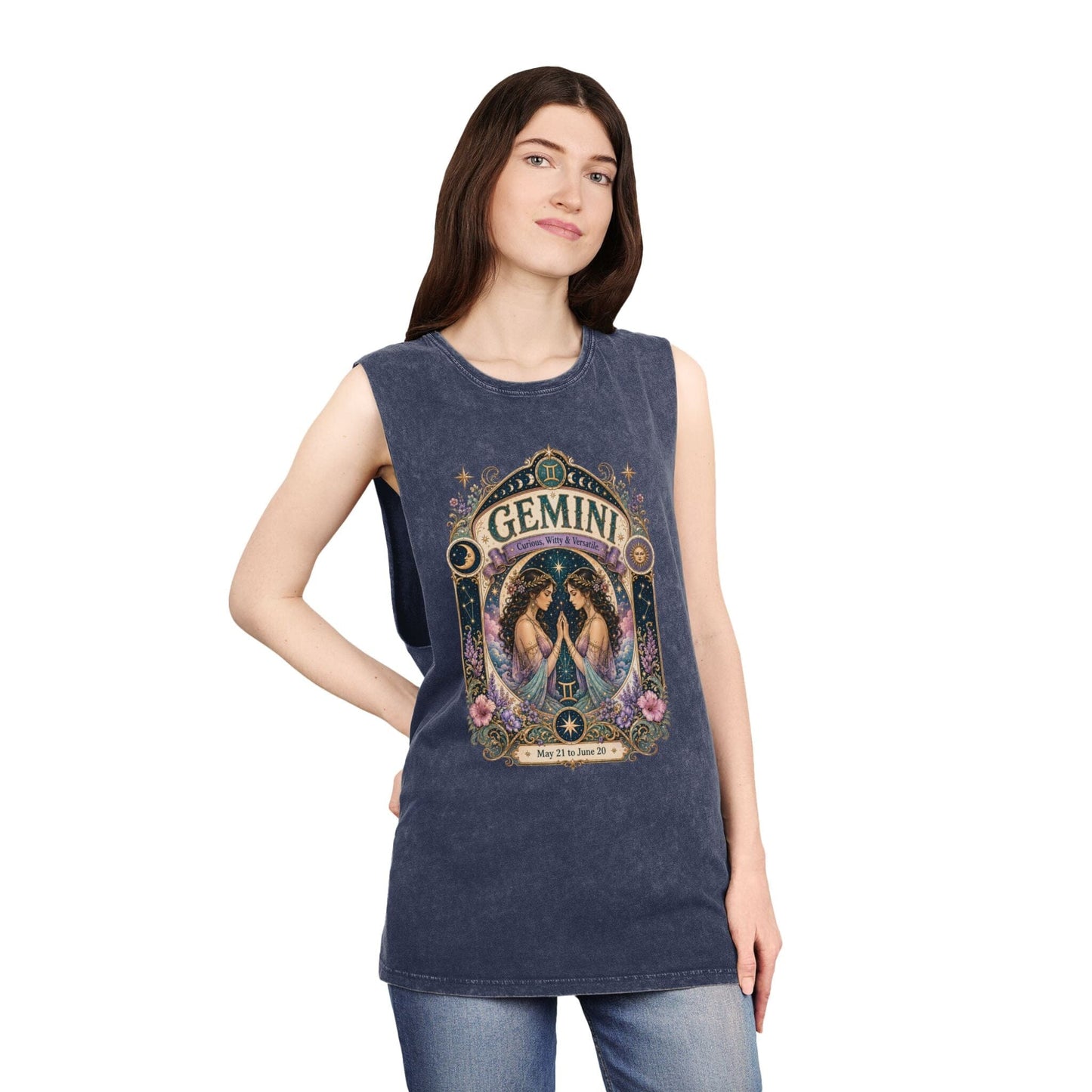 Gemini Zodiac Stonewash Tank Top – Cosmic Twins Artwork
