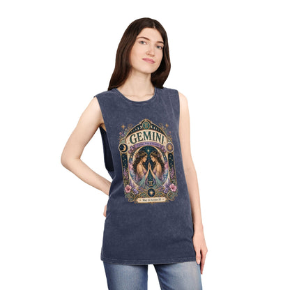 Gemini Zodiac Stonewash Tank Top – Cosmic Twins Artwork