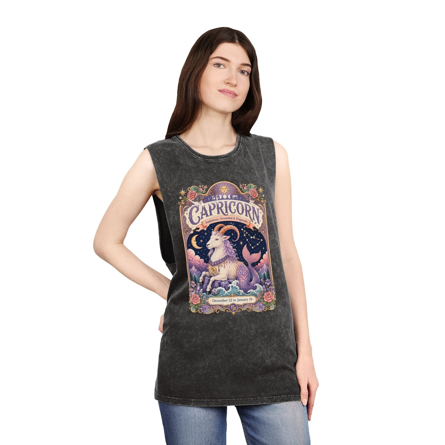 Capricorn Zodiac Stonewash Tank Top – Cosmic Sea Goat Artwork