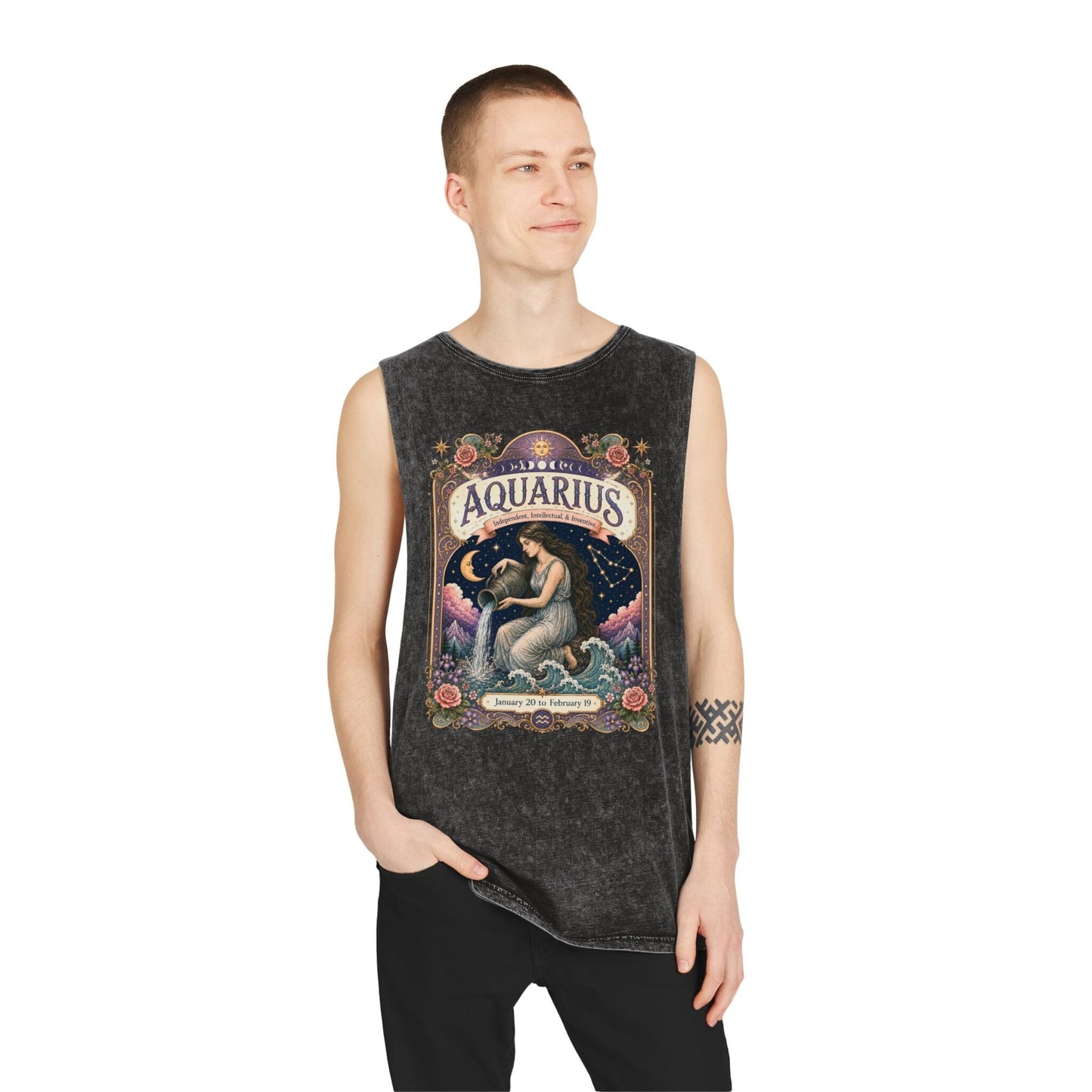 Aquarius Zodiac Stonewash Tank Top – Cosmic Water Bearer Artwork