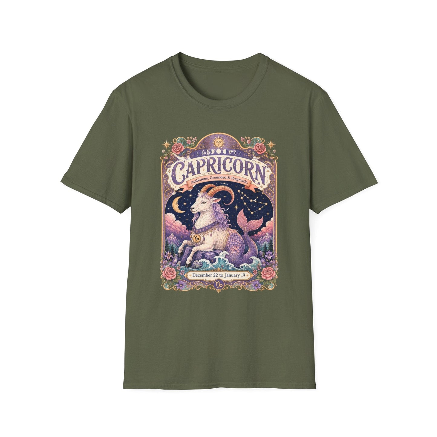 Capricorn Zodiac Softstyle T-Shirt – Celestial Sea Goat Artwork
