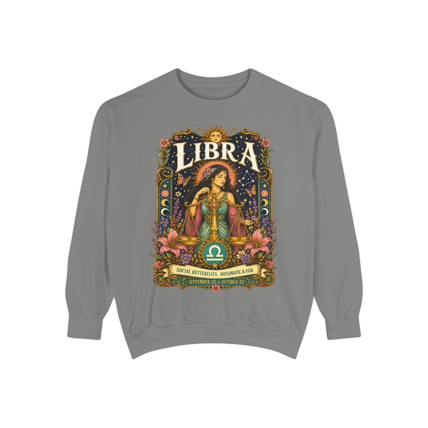 Libra Zodiac Garment-Dyed Sweatshirt – Mystic Scales Artwork