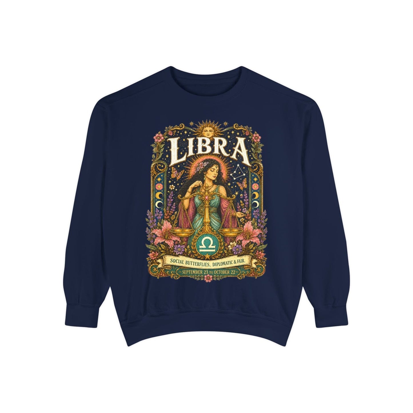 Libra Zodiac Garment-Dyed Sweatshirt – Mystic Scales Artwork