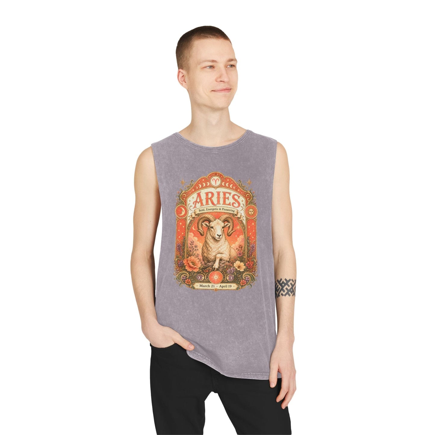 Aries Zodiac Stonewash Tank Top – Cosmic Ram Artwork