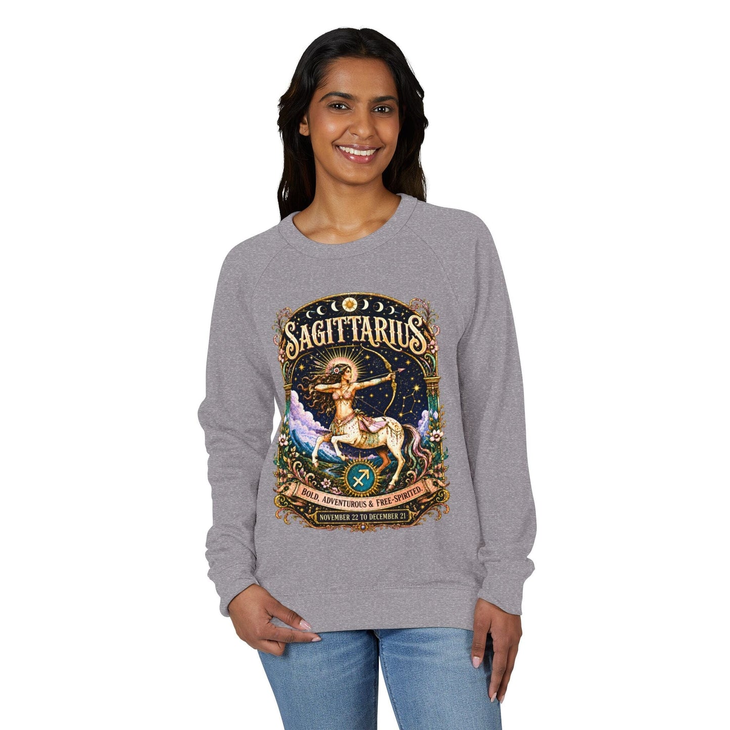 Sagittarius Zodiac Raglan Sweatshirt – Ethereal Archer Artwork