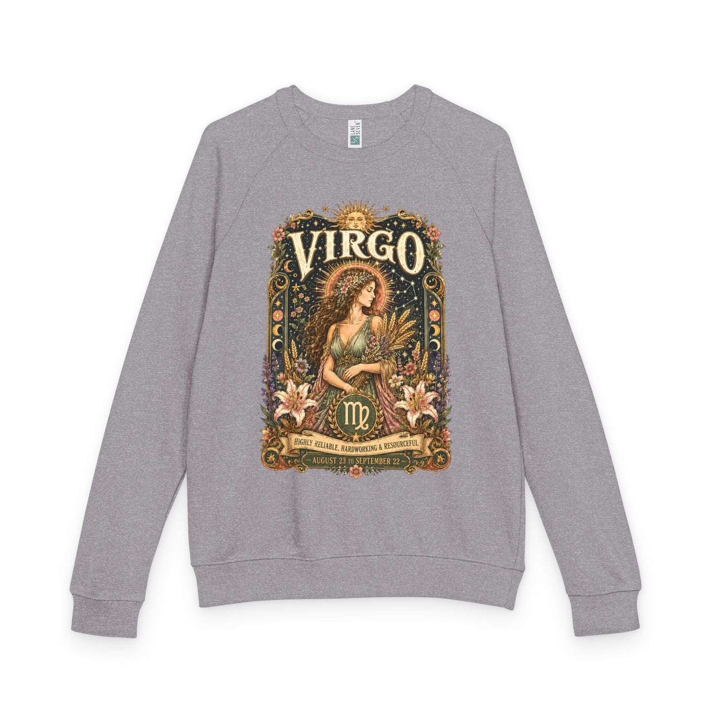 Virgo Zodiac Raglan Sweatshirt – Ethereal Maiden Artwork