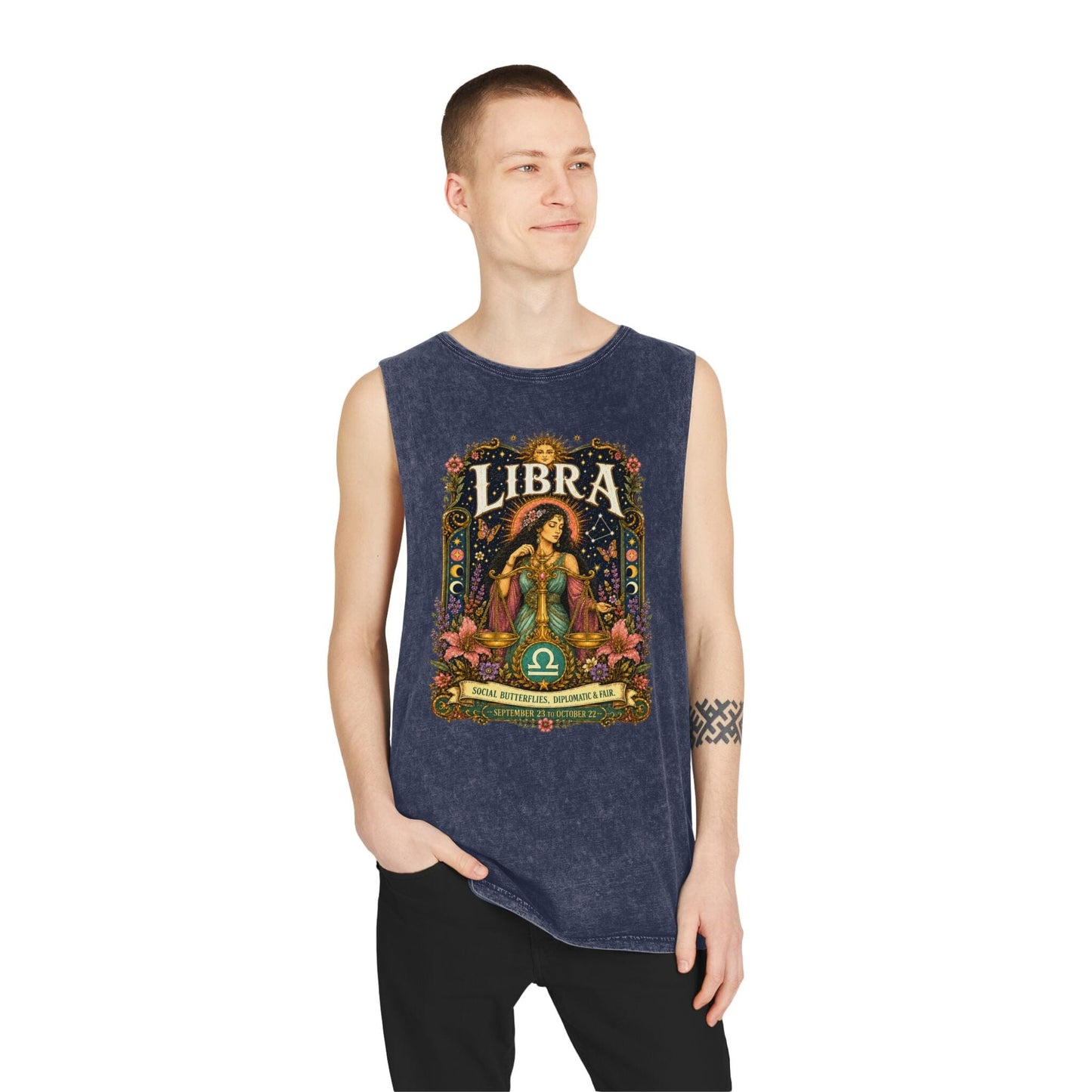 Libra Zodiac Stonewash Tank Top – Cosmic Scales Artwork