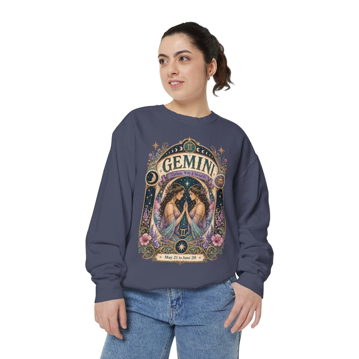 Gemini Zodiac Garment-Dyed Sweatshirt – Mystic Twins Artwork