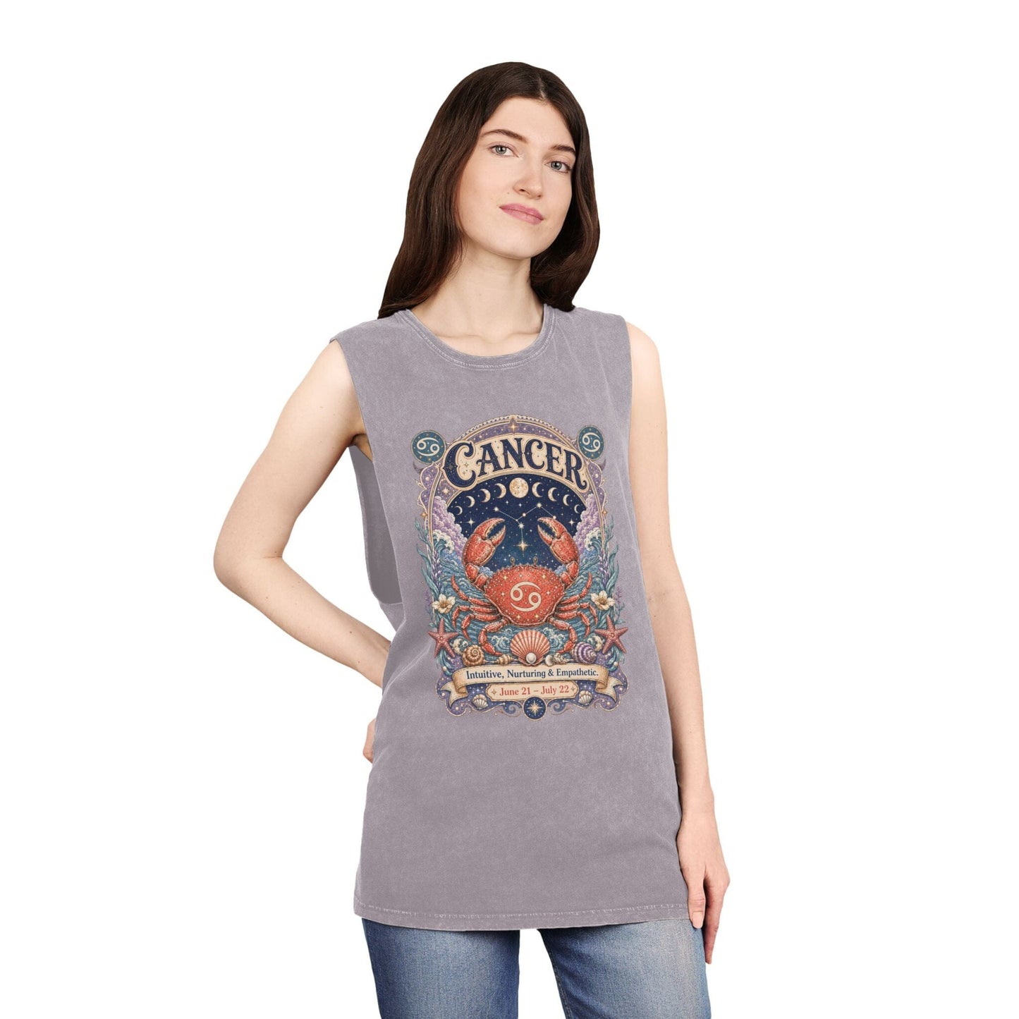 Cancer Zodiac Stonewash Tank Top – Cosmic Crab Artwork