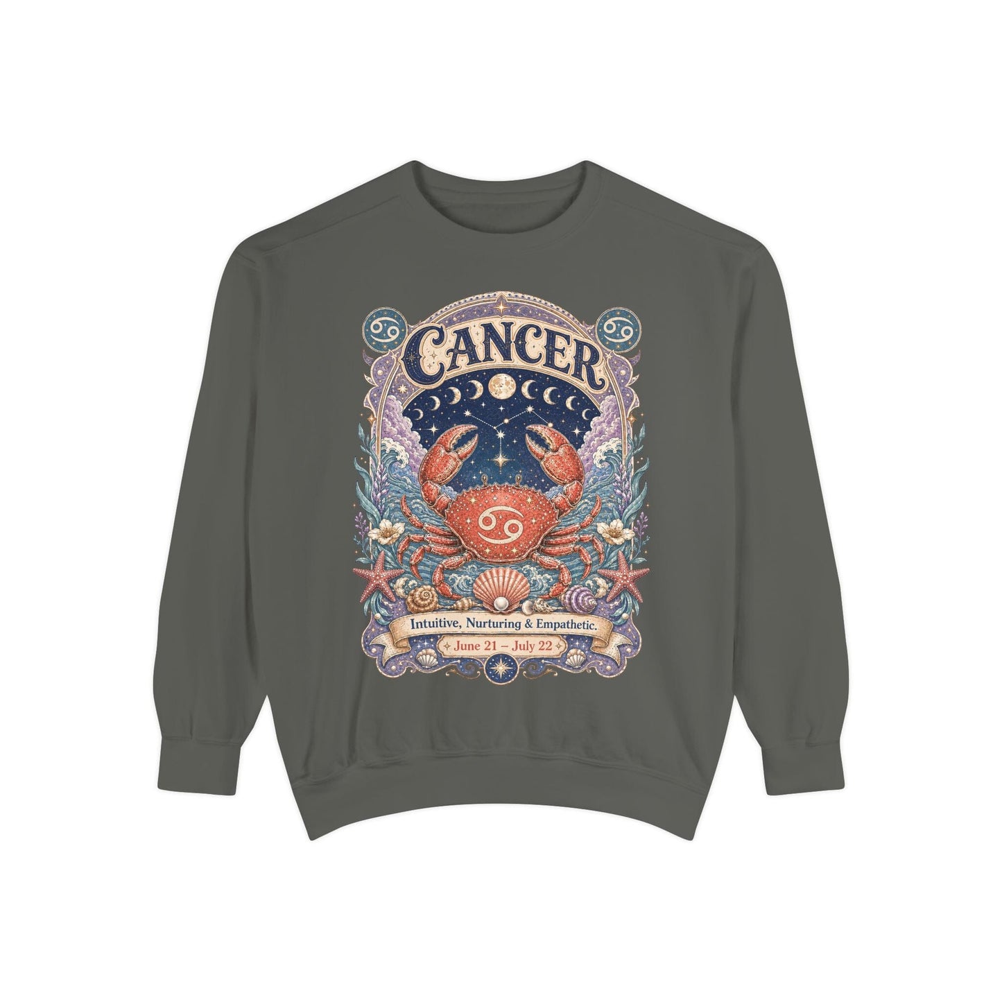 Cancer Zodiac Garment-Dyed Sweatshirt – Mystic Crab Artwork