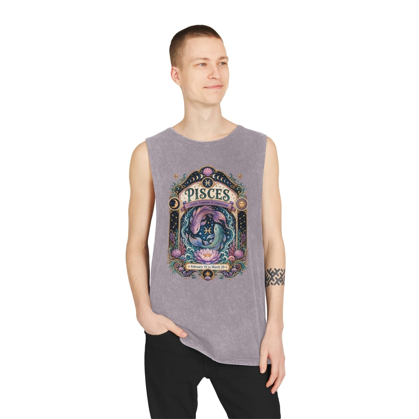 Pisces Zodiac Stonewash Tank Top – Cosmic Fish Artwork