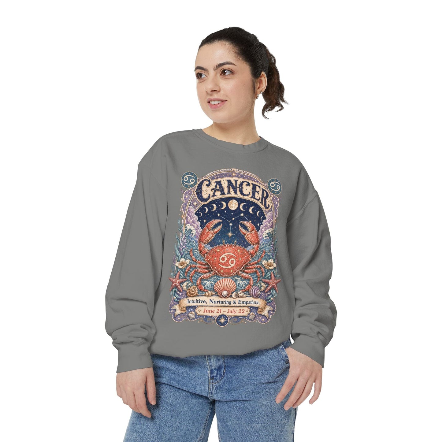 Cancer Zodiac Garment-Dyed Sweatshirt – Mystic Crab Artwork