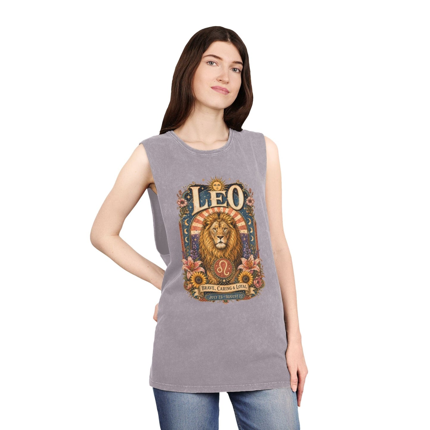 Leo Zodiac Stonewash Tank Top – Cosmic Lion Artwork