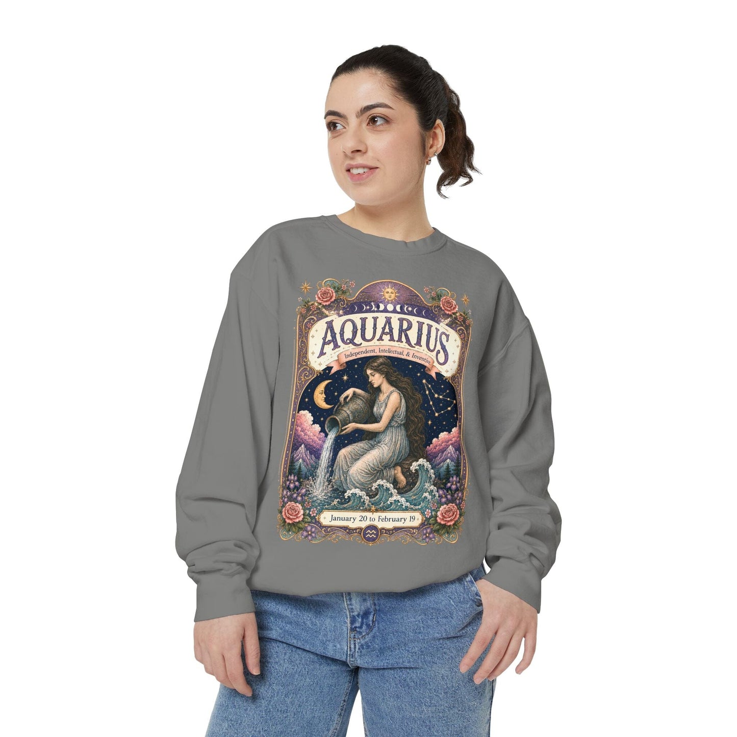 Aquarius Zodiac Garment-Dyed Sweatshirt – Mystic Water Bearer Artwork
