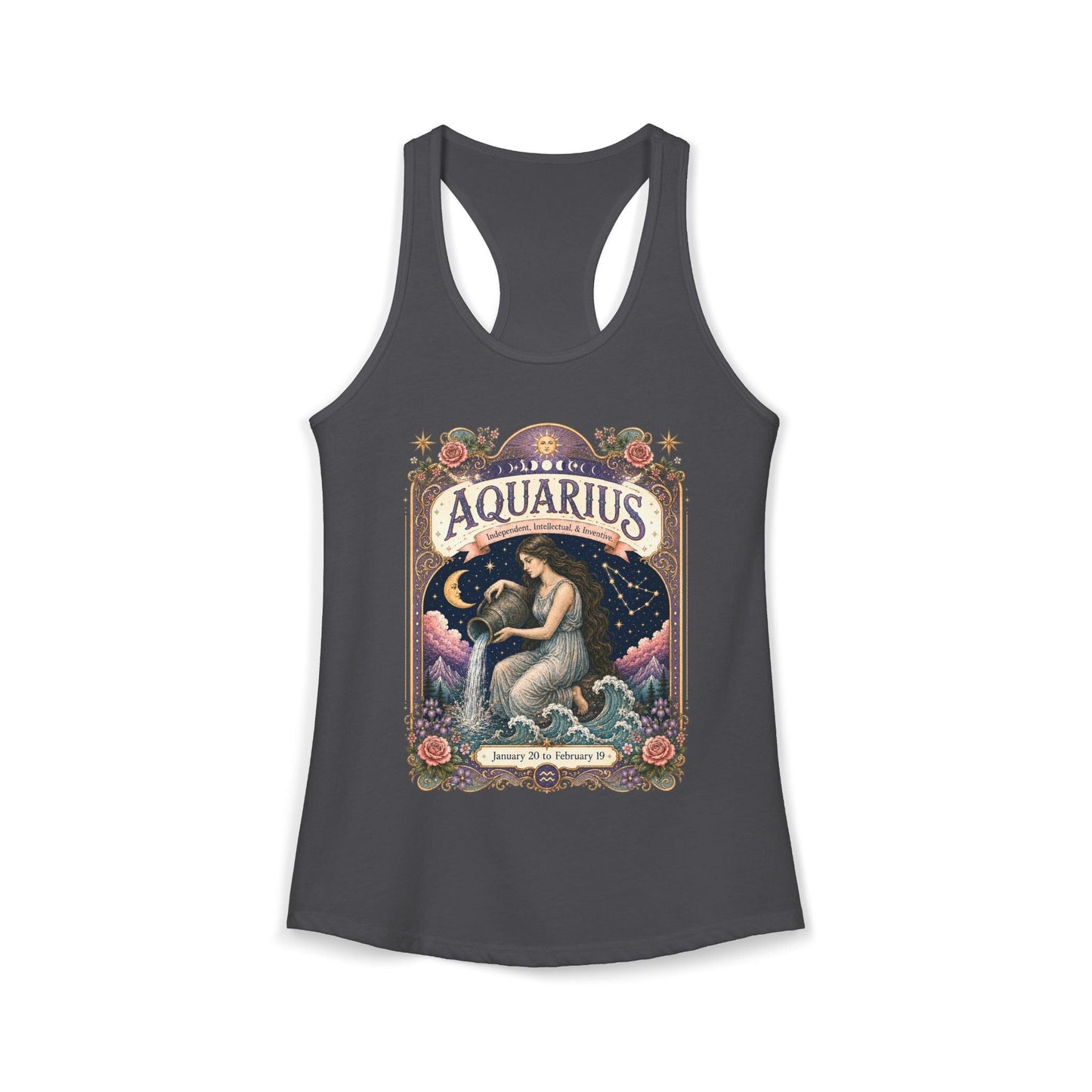 Aquarius Zodiac Women's Racerback Tank – Ornate Water Bearer Artwork