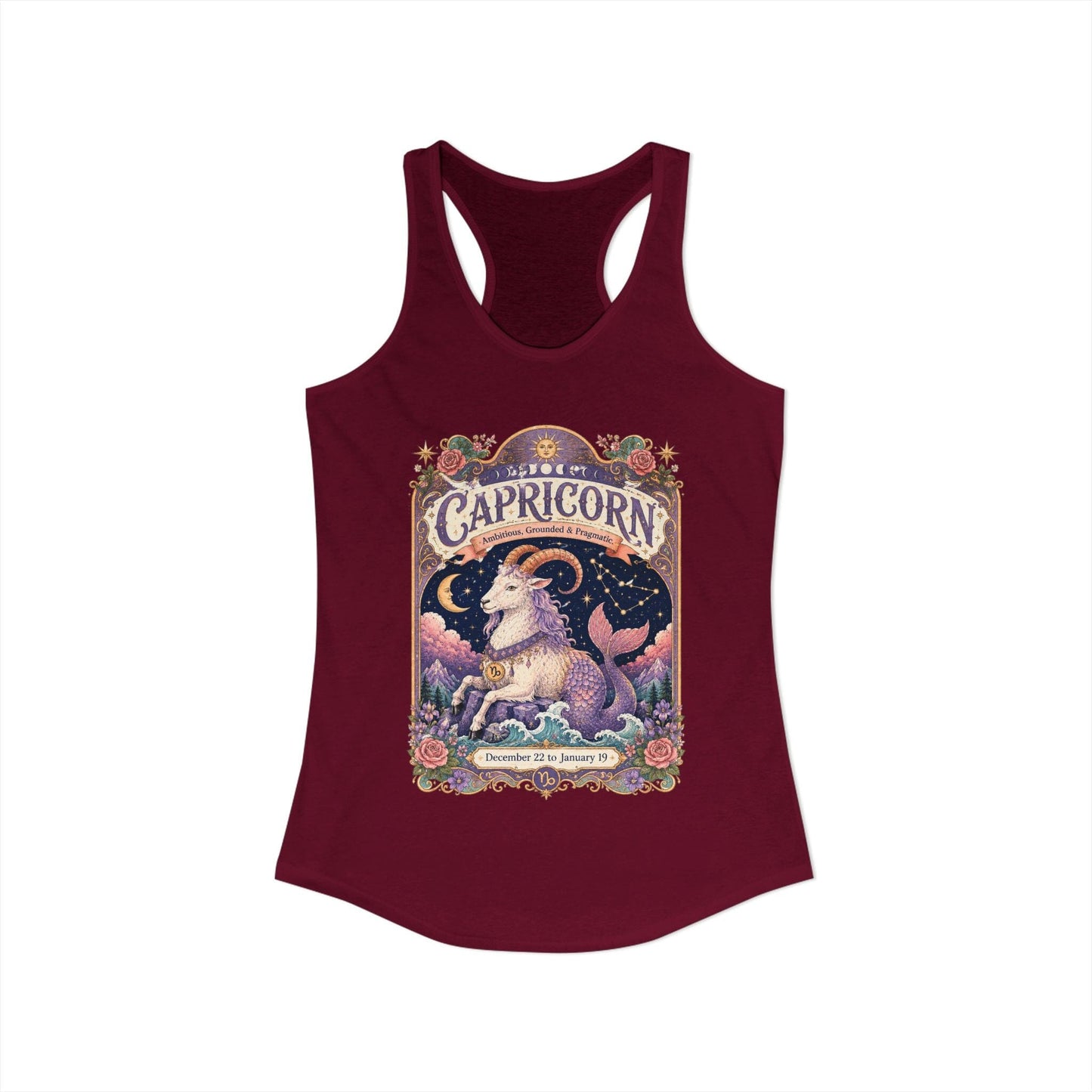 Capricorn Zodiac Women's Racerback Tank – Ornate Sea Goat Artwork
