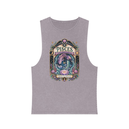 Pisces Zodiac Stonewash Tank Top – Cosmic Fish Artwork