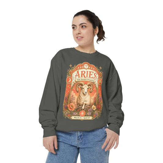 Aries Zodiac Garment-Dyed Sweatshirt – Mystic Ram Artwork