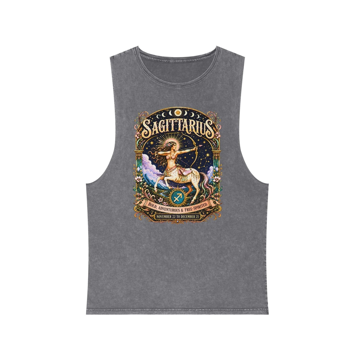 Sagittarius Zodiac Stonewash Tank Top – Cosmic Archer Artwork