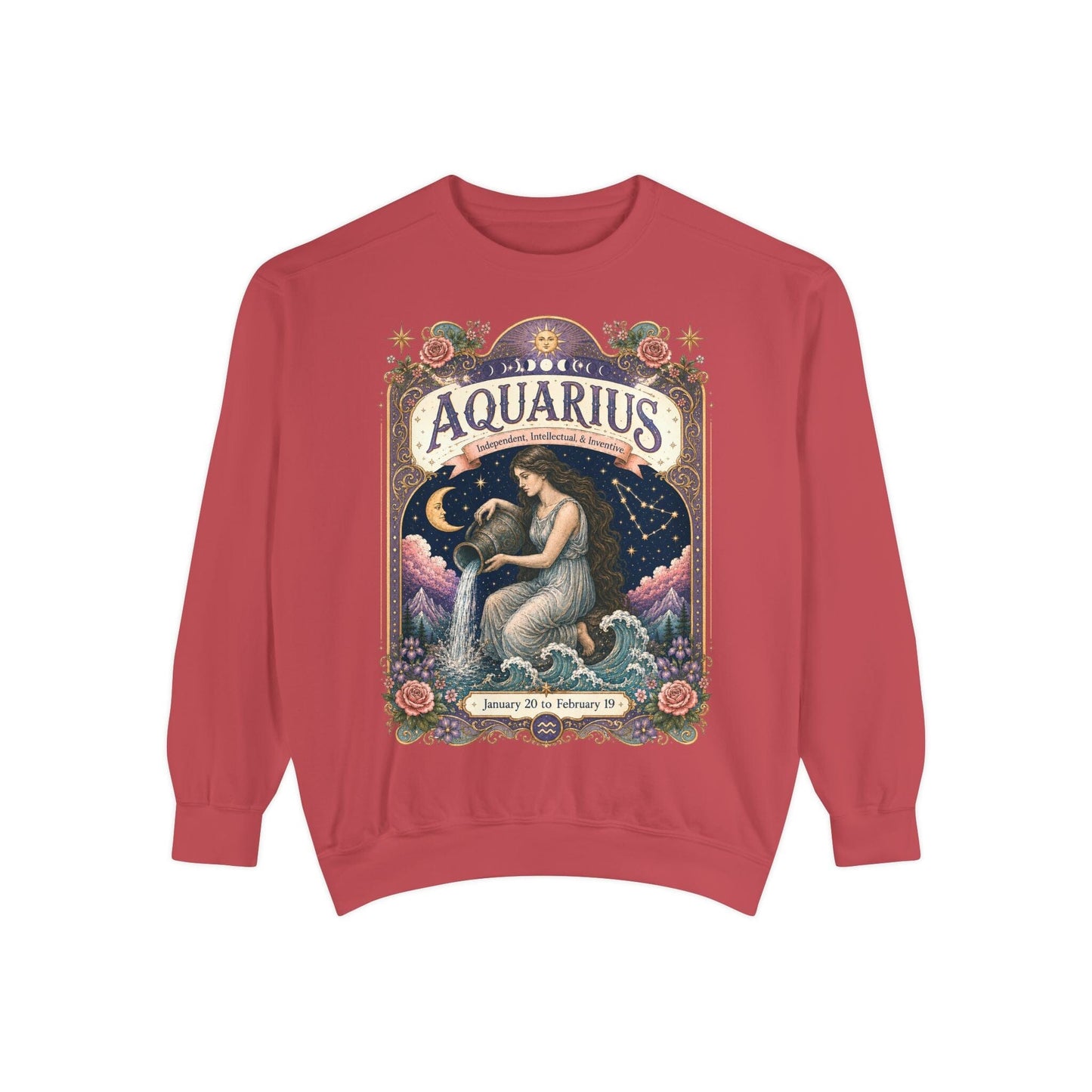 Aquarius Zodiac Garment-Dyed Sweatshirt – Mystic Water Bearer Artwork