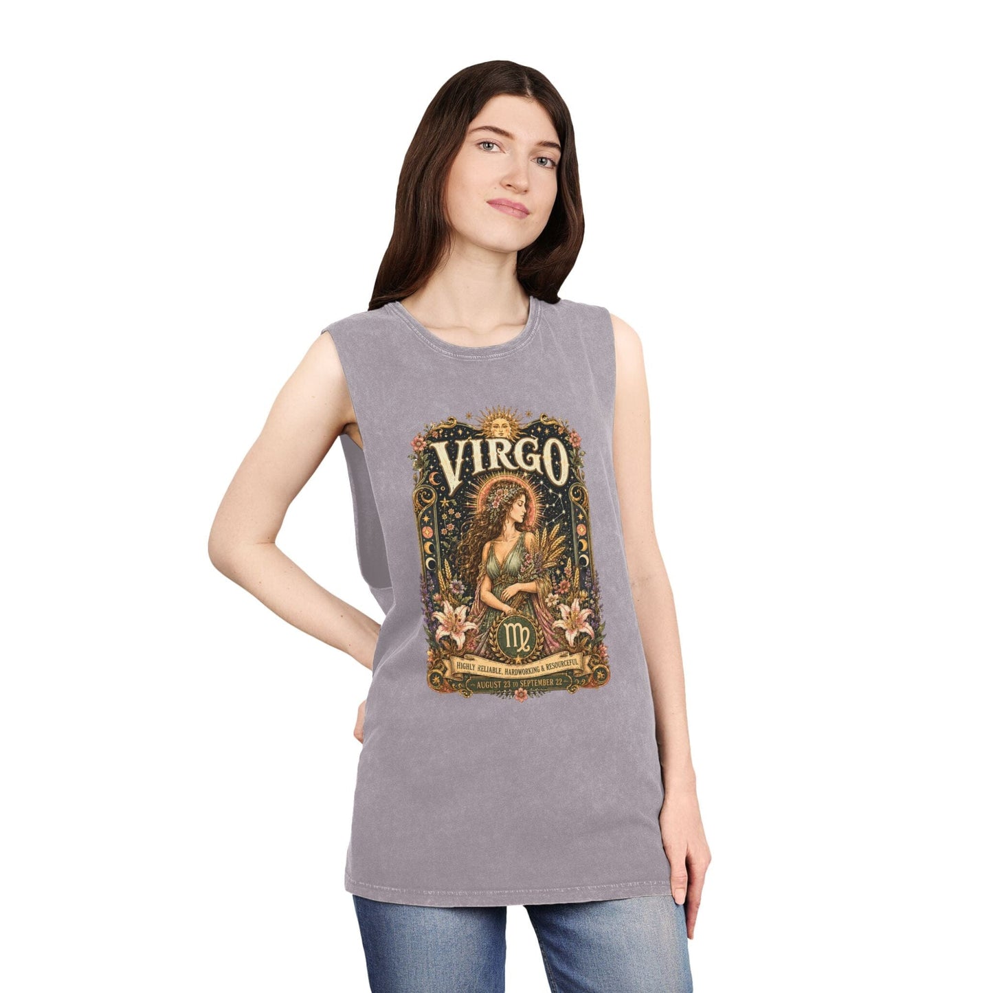 Virgo Zodiac Stonewash Tank Top – Cosmic Maiden Artwork