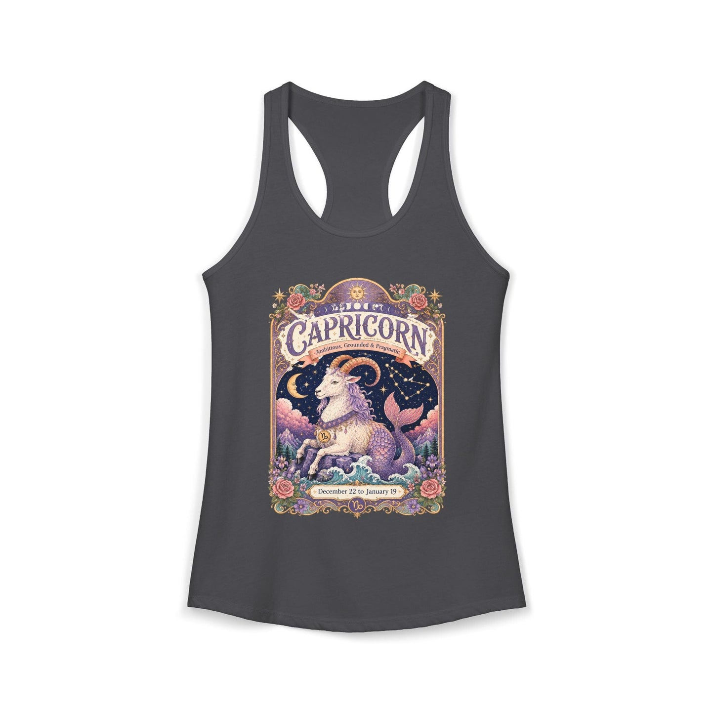 Capricorn Zodiac Women's Racerback Tank – Ornate Sea Goat Artwork