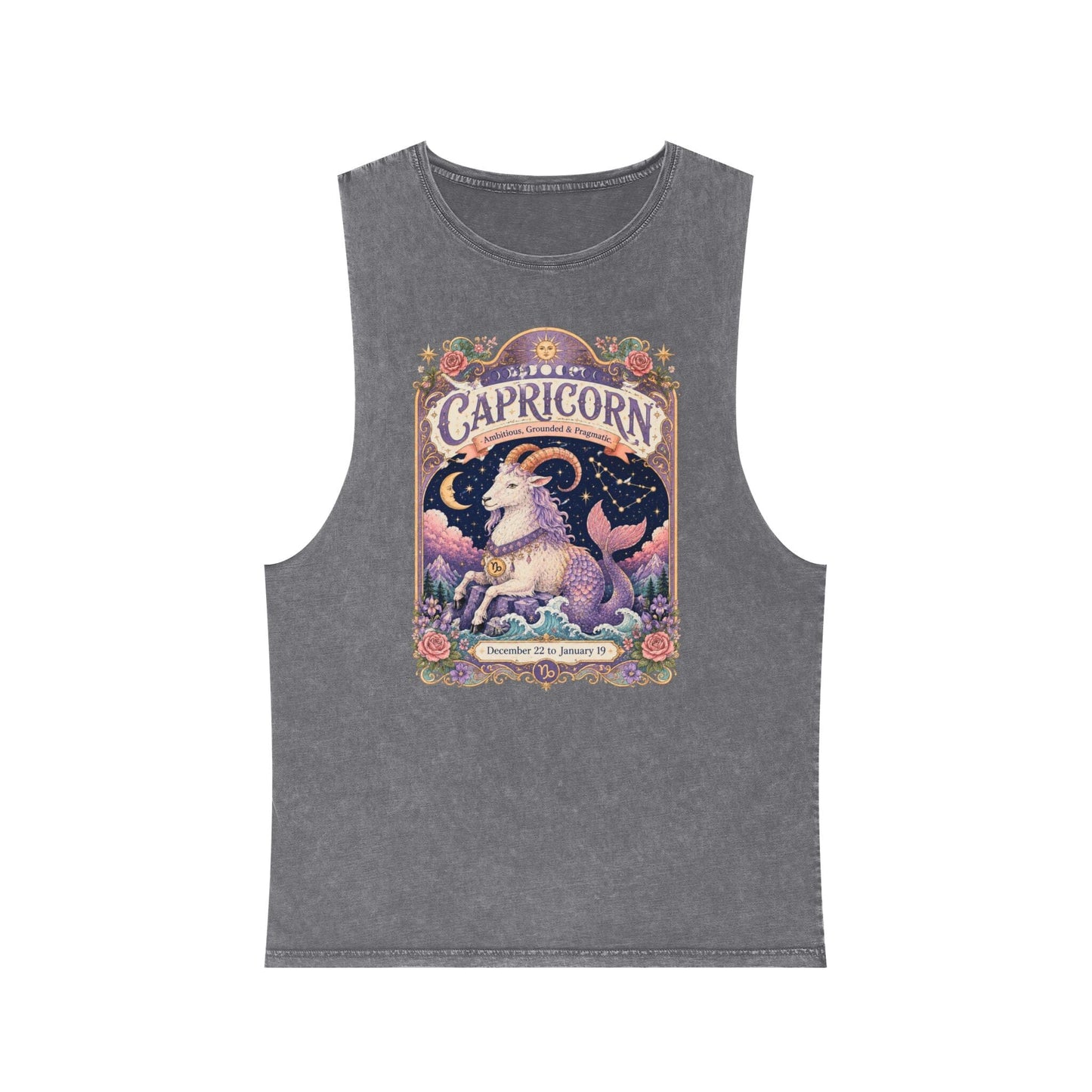 Capricorn Zodiac Stonewash Tank Top – Cosmic Sea Goat Artwork