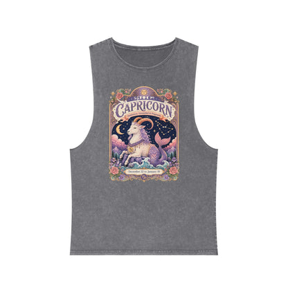 Capricorn Zodiac Stonewash Tank Top – Cosmic Sea Goat Artwork