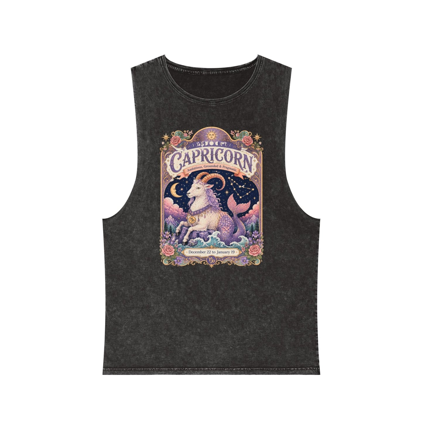 Capricorn Zodiac Stonewash Tank Top – Cosmic Sea Goat Artwork