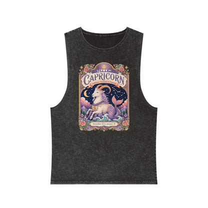 Capricorn Zodiac Stonewash Tank Top – Cosmic Sea Goat Artwork